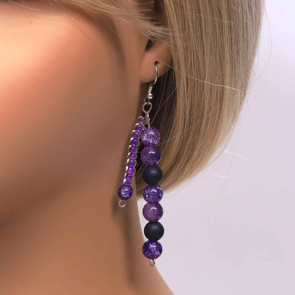 3 Piece Set Necklace With Bracelet, Earrings and Amethyst Seed Beads - Picture 3 of 6